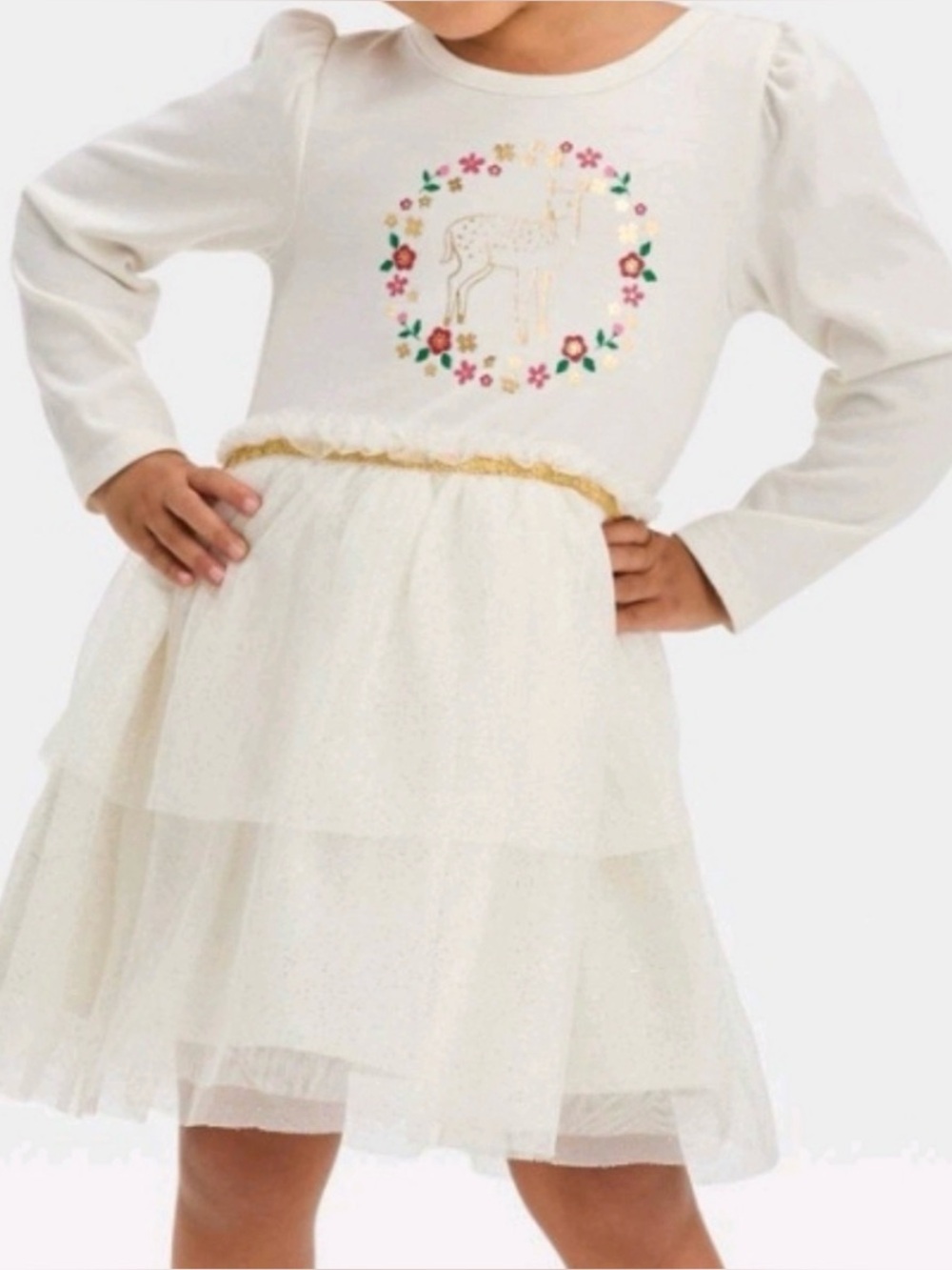 Cat & Jack Cream Holiday Tulle Dress with Unicorn & Gold Trim